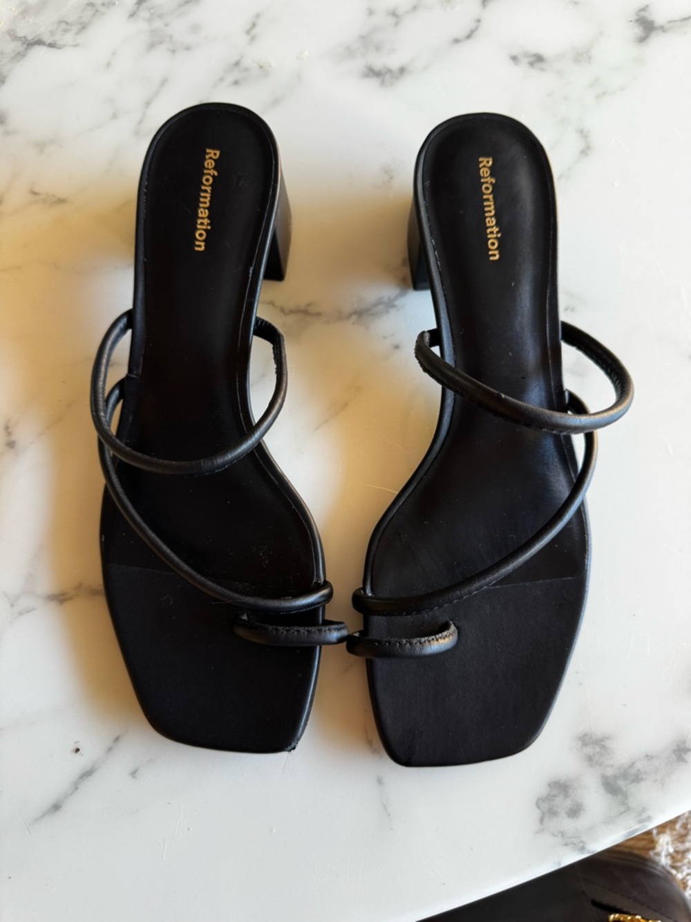 Reformation Black Strappy Square-Toe Block Heel Mules